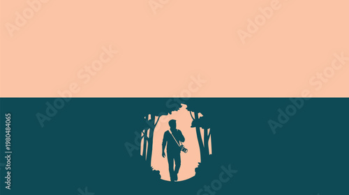 Silhouette of a person walking into a forest with a backpack.
