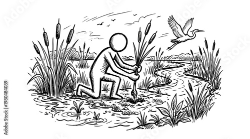 Person Planting Reeds in Wetlands