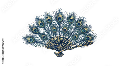 Elegant Vector Peacock Feather Fan on White