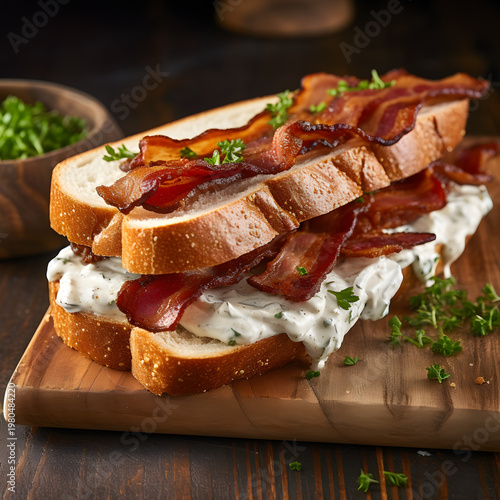 Crispy bacon strips layered between thick slices of golden toasted bread slathered with a rich creamy herb infused spread creating a decadent gourmet sandwich that offers a perfect balance of savory s