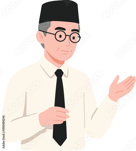 Senior Asian Educator Wearing Traditional Black Peci and Formal Tie