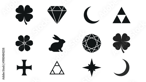 Black silhouettes of various symbols including clovers diamonds and a rabbit