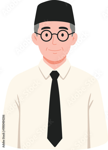 Indonesian Educator Character wearing Peci and Round Glasses Vector