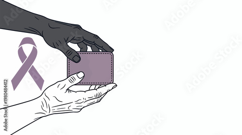 Two hands, one dark and one light, exchange a purple ribbon and a small rectangular object, symbolizing support and awareness.