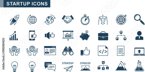 Startup business icon set outline vector collection for entrepreneurship growth strategy marketing finance and digital innovation applications