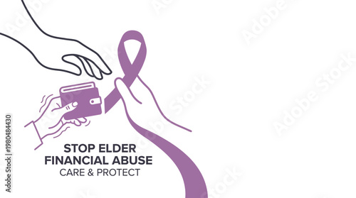 Illustration depicting the act of elder financial abuse with a wallet being taken and a purple ribbon symbolizing awareness.