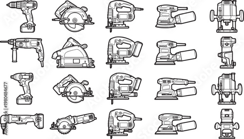Variety of Power Tools Line Art for construction, home renovation and other use cases.