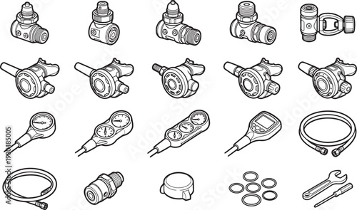 An organized showcase of various industrial valves and gauges, providing a comprehensive view of precision instruments and technological components.