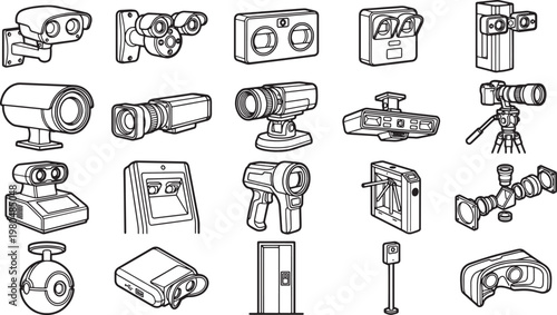 An array of high-tech cameras, in a monochrome style, showcases the intricate world of surveillance and vision technology. Each device, a testament to modern innovation.