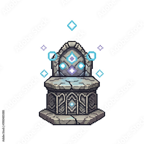 A pixel art illustration of an ancient stone altar or shrine, adorned with glowing blue crystals and mystical floating diamond shapes.