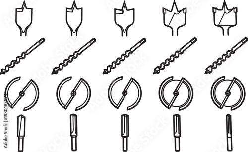 Detailed illustration of various drill bits and cutting tools essential for carpentry and construction tasks. Capturing a range of specialized tools designed for precision, drilling, cutting.