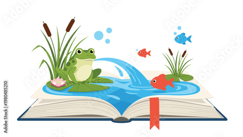 Whimsical open book displaying a pop-up scene of a green frog spouting water into a pond where colorful fish swim, bringing a story to life.