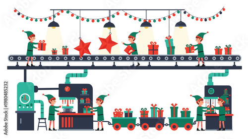 Festive scene of industrious Christmas elves diligently working in Santa's gift factory, sorting and packaging presents on a bustling conveyor belt.