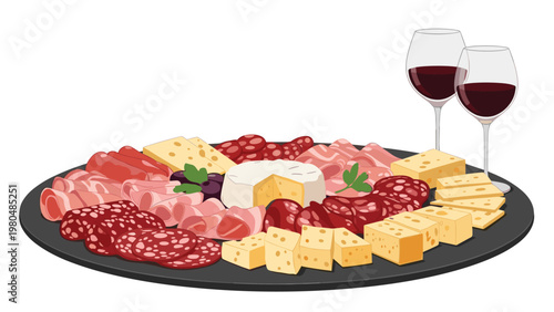 Exquisite charcuterie board generously laden with a luxurious selection of sliced meats, artisanal cheeses, and accompanied by two glasses of fine red wine.