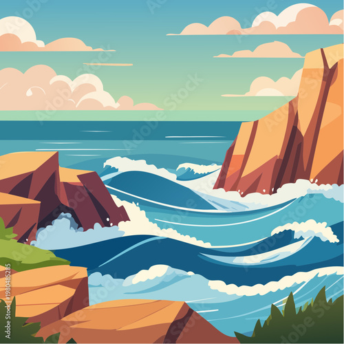 Waves crashing against rocky shoreline.