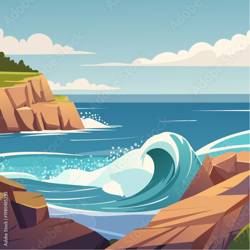 Ocean wave crashing on rocky shore.