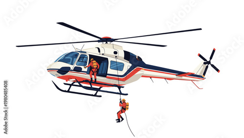 Dynamic illustration of a rescue helicopter actively deploying a rescuer on a rope, demonstrating emergency operations and swift action.