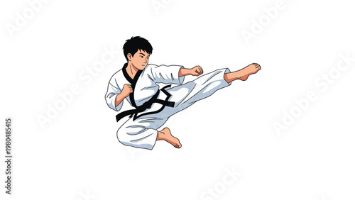 Dynamic illustration of a male taekwondo practitioner expertly performing a powerful and impressive flying kick in a martial arts pose.