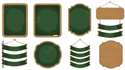 Versatile collection of various blank wooden and chalkboard signs, frames, and banners, perfect for customizable messages and displays.