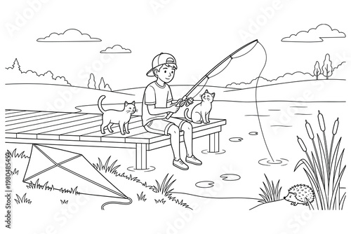 Boy fishing with cats and kite by lake, serene outdoor recreation with pets and nature.