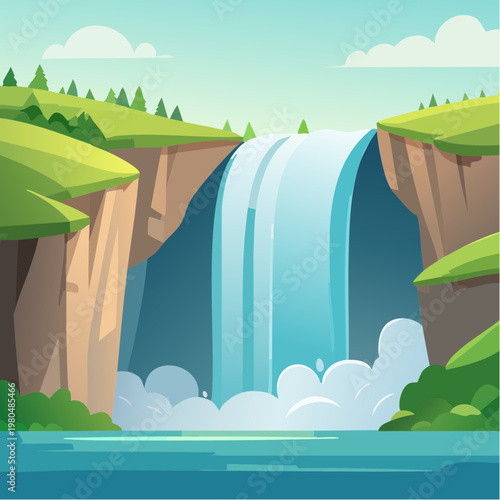 Water Falls Flowing Down Rocky Cliff.