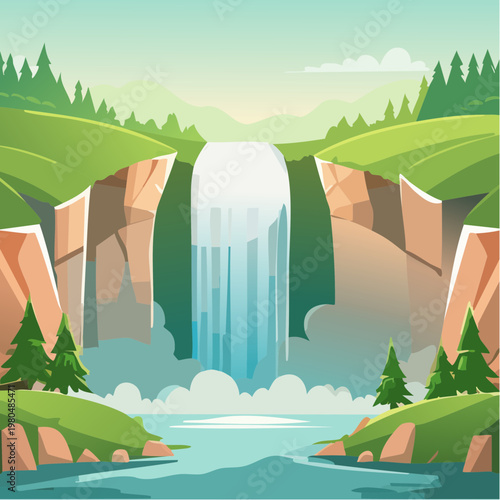 Waterfall Flowing Down Rocky Cliffside.