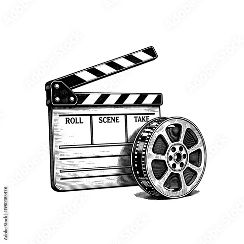 Antique movie film reel and clapperboard etching video illustration