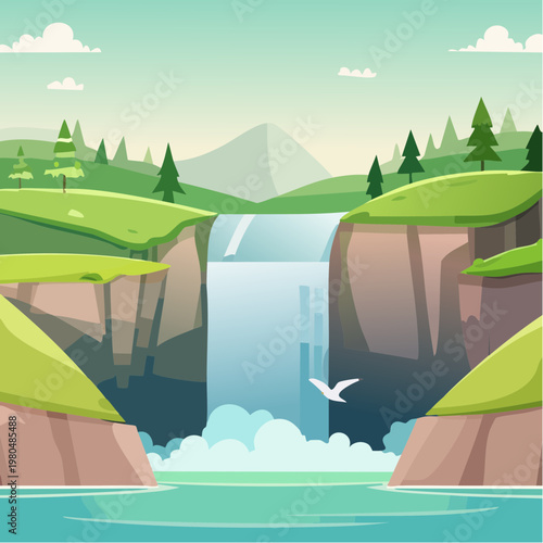 Water Flowing Down a Large Cliff.