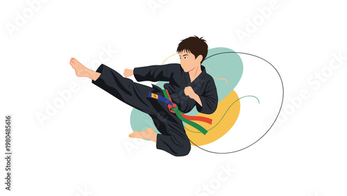 Dynamic illustration of a male taekwondo practitioner expertly performing a powerful side kick, accented by flowing colorful abstract lines.