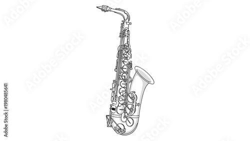 Elegant black and white line drawing of a classic saxophone, showcasing its intricate details and musical form.