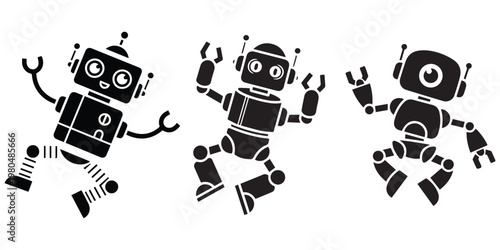 Three black robot characters in dynamic playful poses icon eps 10