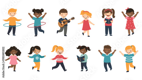 Vibrant collection of diverse children joyfully engaging in various activities like playing, dancing, hula hooping, and reading.