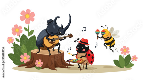 Whimsical scene depicting a beetle playing a guitar on a tree stump, a ladybug playing a xylophone, and a bee playing maracas amidst colorful flowers.