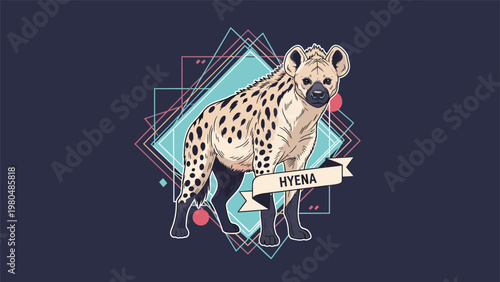 Detailed illustration of a spotted hyena standing against a geometric background with a banner displaying "HYENA," showcasing its distinct features.