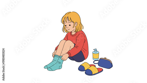 Young girl with blonde hair sitting on the floor, putting on light blue socks, with yellow slippers and a small bag next to her.