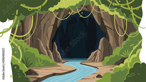 Captivating illustration of a mysterious cave entrance with a flowing river emerging from it, surrounded by lush green jungle foliage and twisting vines.