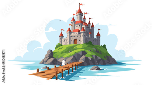 Picturesque scene featuring a grand fantasy castle with red roofs on a small island, connected to the mainland by a long wooden pier where a person stands admiring the view.