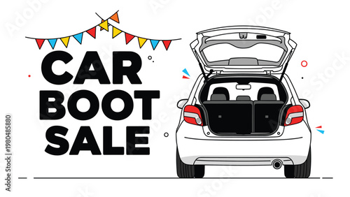 Illustration of a car boot sale with a white car showcasing an open trunk full of items, decorated with colorful pennant banners.