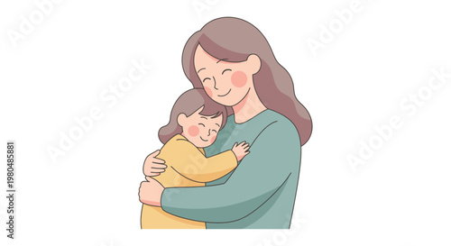 A heartwarming illustration of a loving mother gently embracing her happy child, depicting the beautiful bond and pure joy of family connection and maternal affection