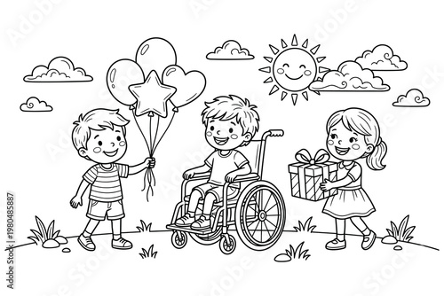 Children celebrate with friend in wheelchair.