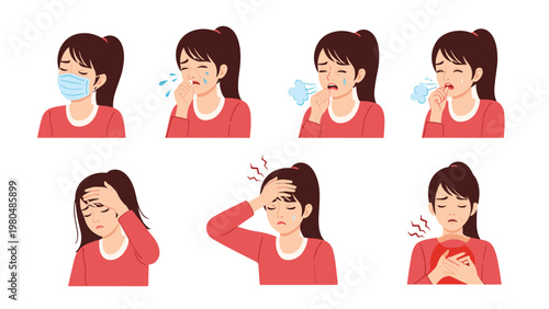 Comprehensive set of illustrations depicting a woman experiencing various common cold and flu symptoms, including wearing a mask, sneezing, coughing, and having a headache.