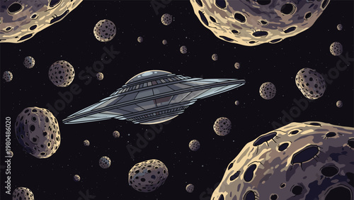 Panoramic cosmic scene depicting a sleek flying saucer traveling through deep space, surrounded by numerous asteroids and celestial bodies.