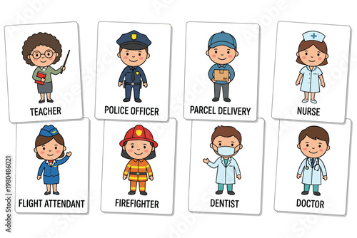 Colorful professional occupation flashcards set featuring community worker characters art.