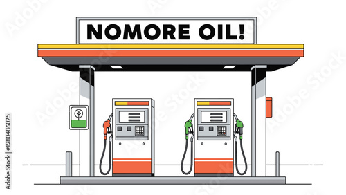 Modern gas station with two pumps and a prominent sign reading "NO MORE OIL!", signifying a shift towards alternative energy or a dystopian future.