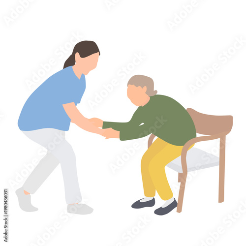 椅子から立ち上がる高齢女性を支える介護スタッフ