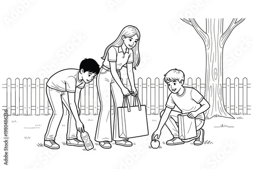 Family group cleaning park area outdoors picking up trash together into bags illustration.