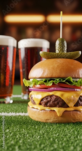 Gourmet Cheeseburger with Beer on Football Field.