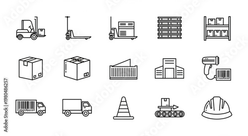 Warehouse and logistics icons representing various equipment and items for storage and transport.