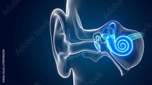 Detailed 3D illustration of the human ear's internal structure, highlighting the cochlea with a vibrant blue glow