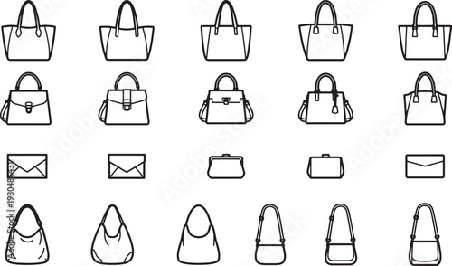 An assortment of elegant handbags and clutches, a comprehensive illustration, ideal for fashion-related design projects.